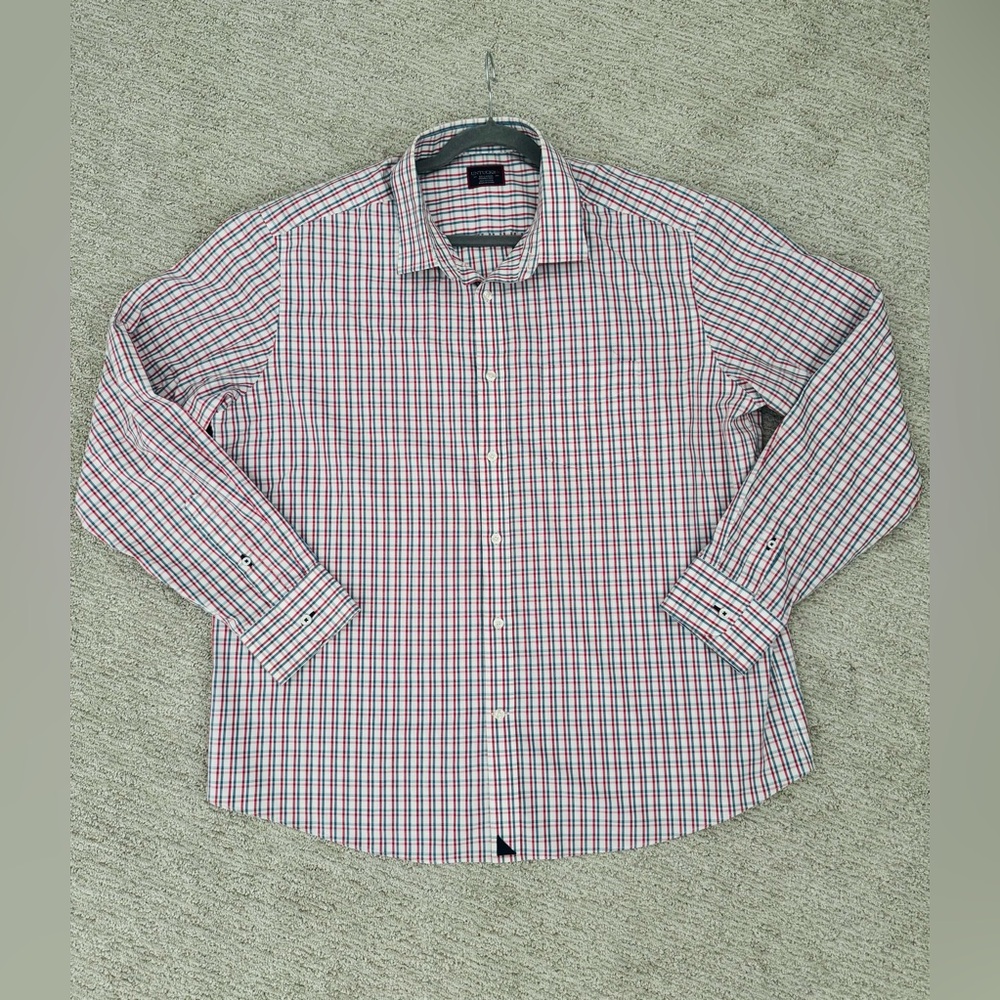 Untuckit Shirt Mens XXL Large Navy Red Plaid Long Sleeve Cotton Chest Pocket